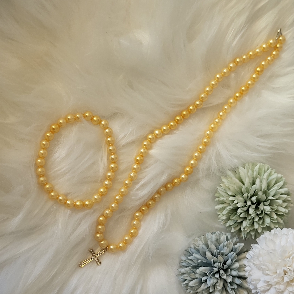 NWT Golden Faux Pearl Beaded Choker Set - Cross Charm Necklace & Bracelet Sz